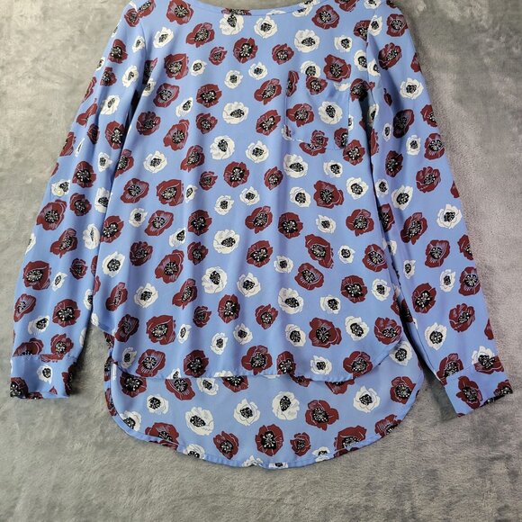 LOFT Ann Taylor Women’s Top S Blue Red Floral Blouse Long Sleeve High Low Vibes - Picture 1 of 10